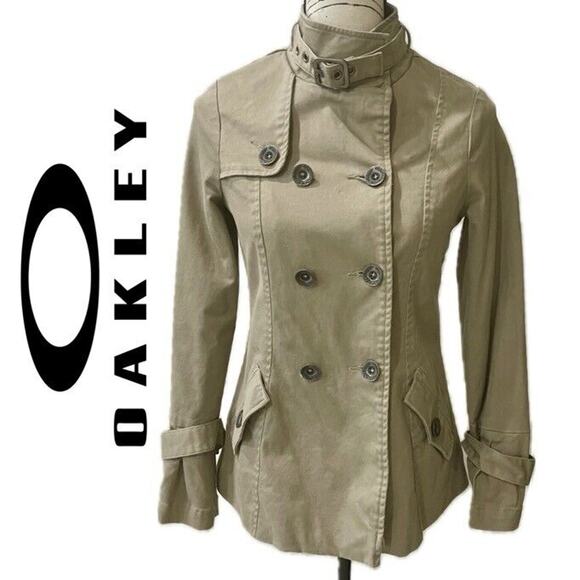 Y2K OAKLEY TRENCH COAT KHAKI SZ XS PEA COAT MILITARY STYLE VERSATILE AESTHETIC - Picture 1 of 16